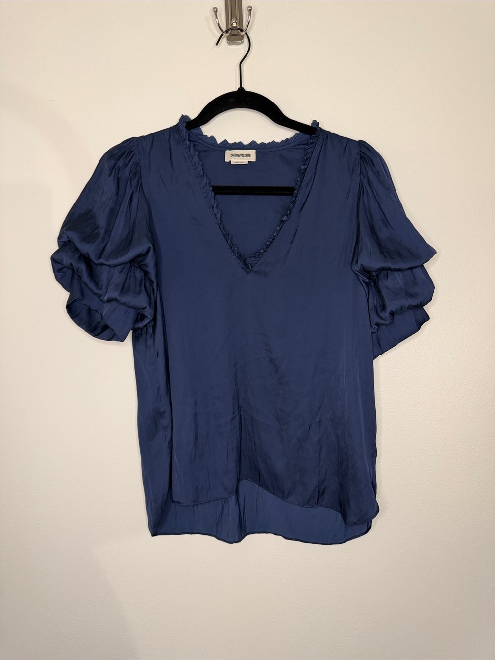 ZADIG & VOLTAIRE Taste Satin Navy Ruffle Puff Short Sleeve V Neck Blouse XS
